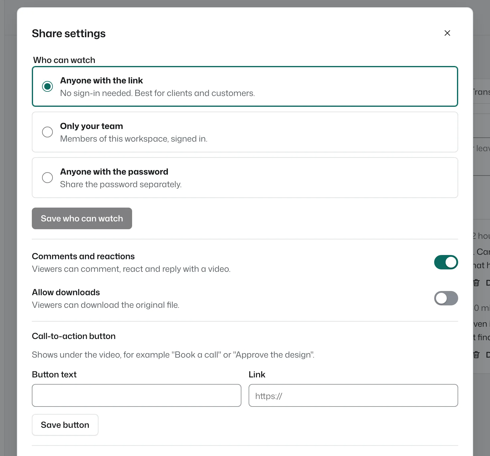 The share settings dialog with privacy options