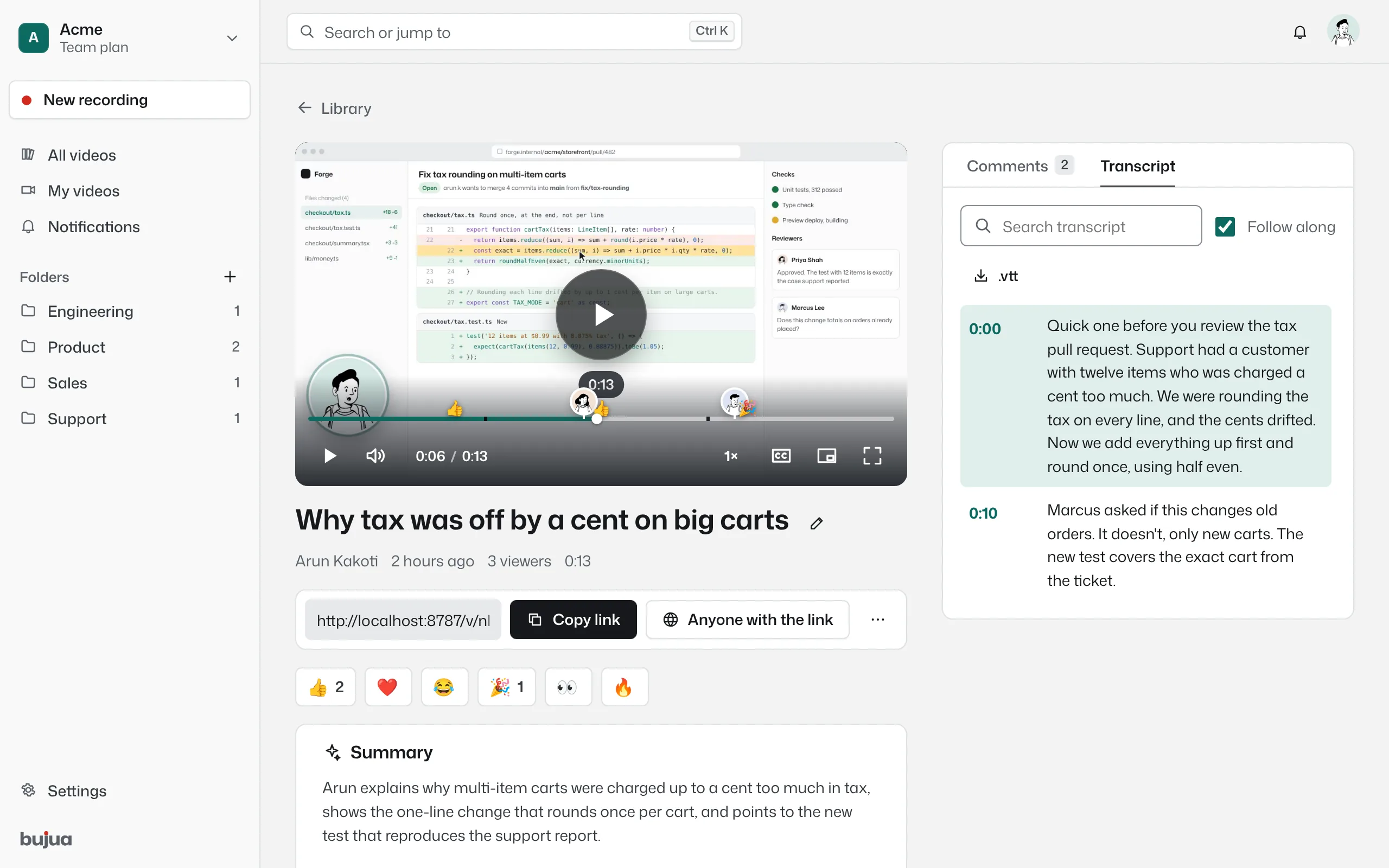 A video page showing the AI summary with chapters and the transcript tab