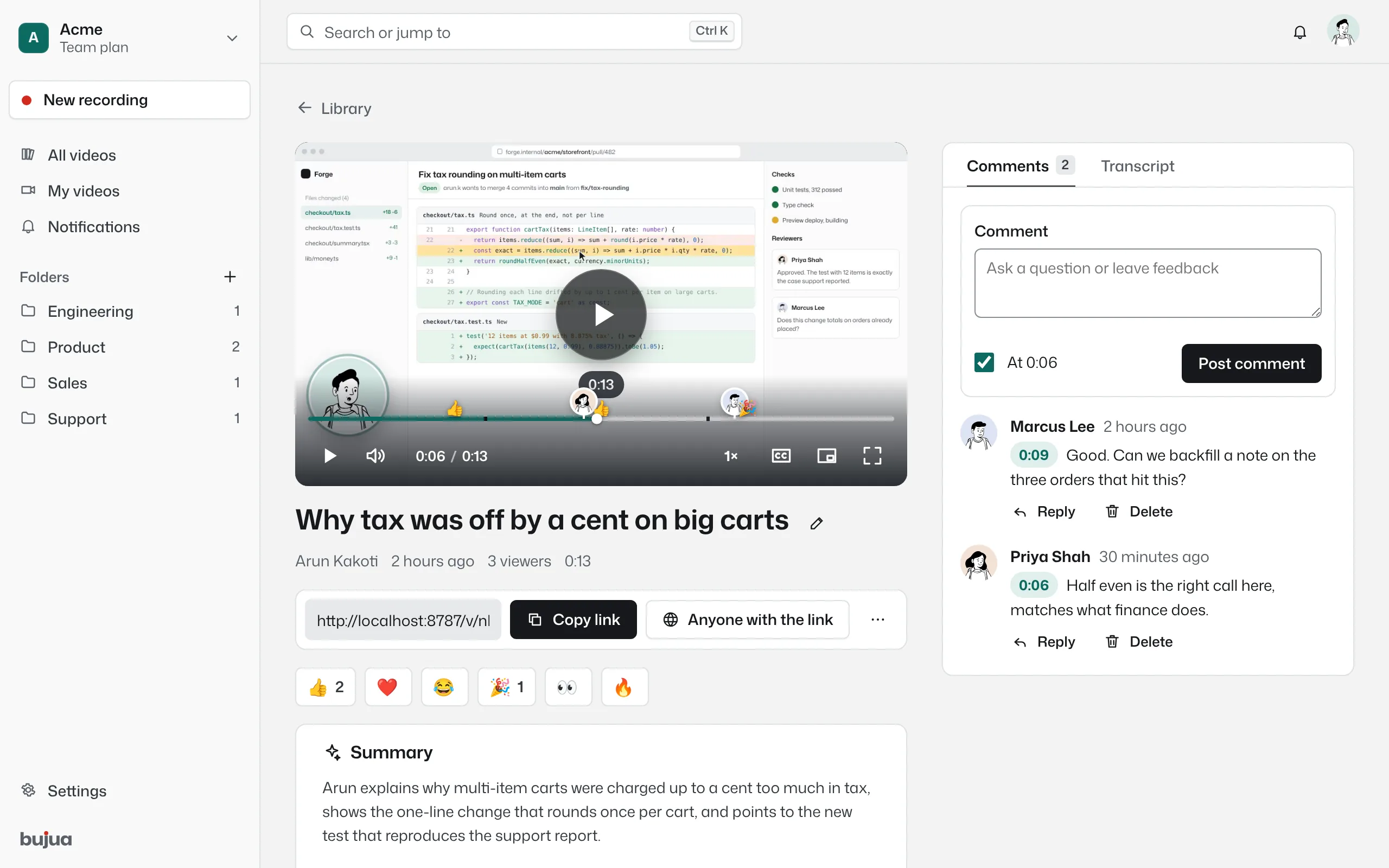 A video page with comments, each showing a timestamp, and markers along the player timeline