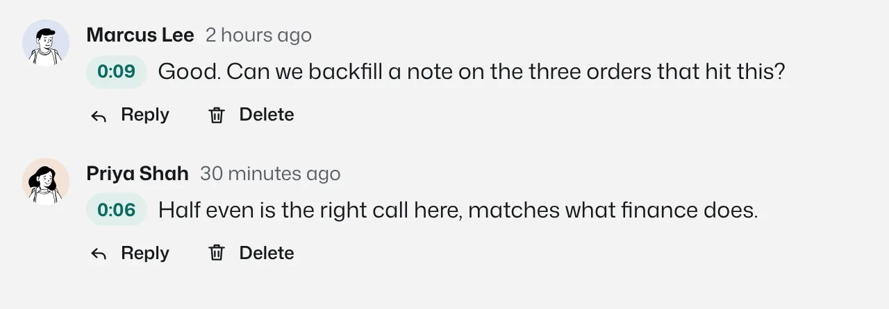 Two time-stamped comments under a video