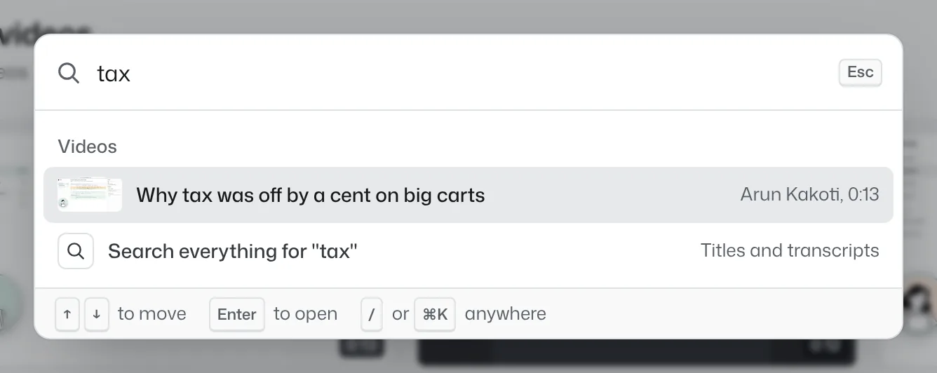 The command menu showing search results for a word