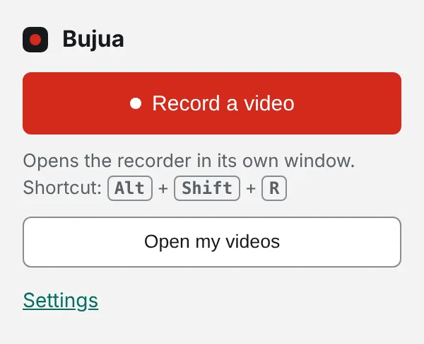 The extension popup with a Record a video button and links to the library