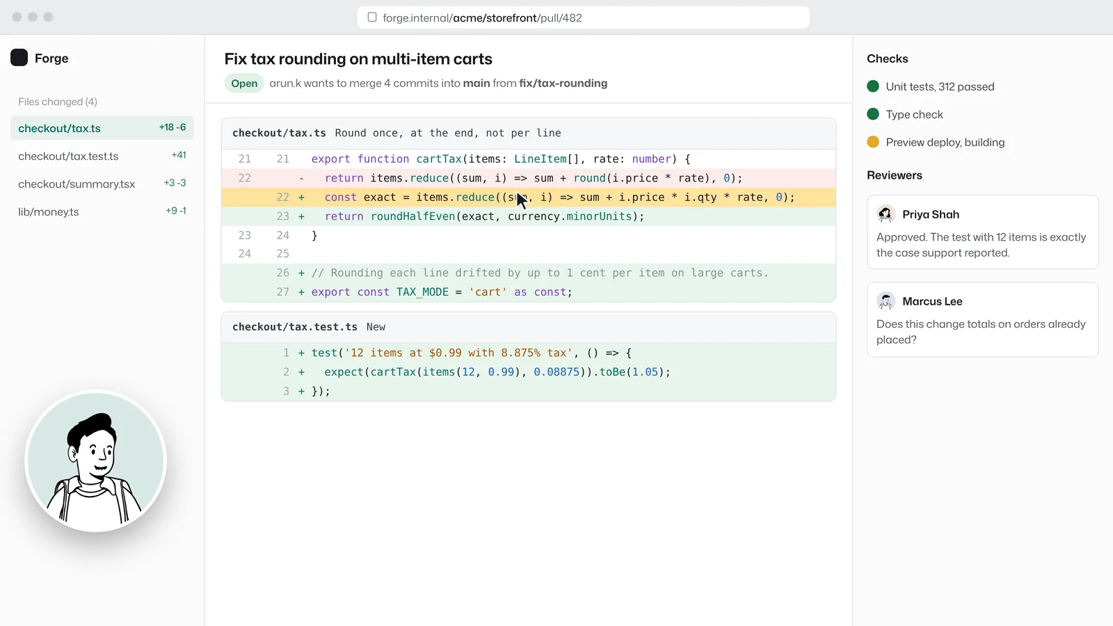 A pull request diff with the presenter explaining it in a camera bubble
