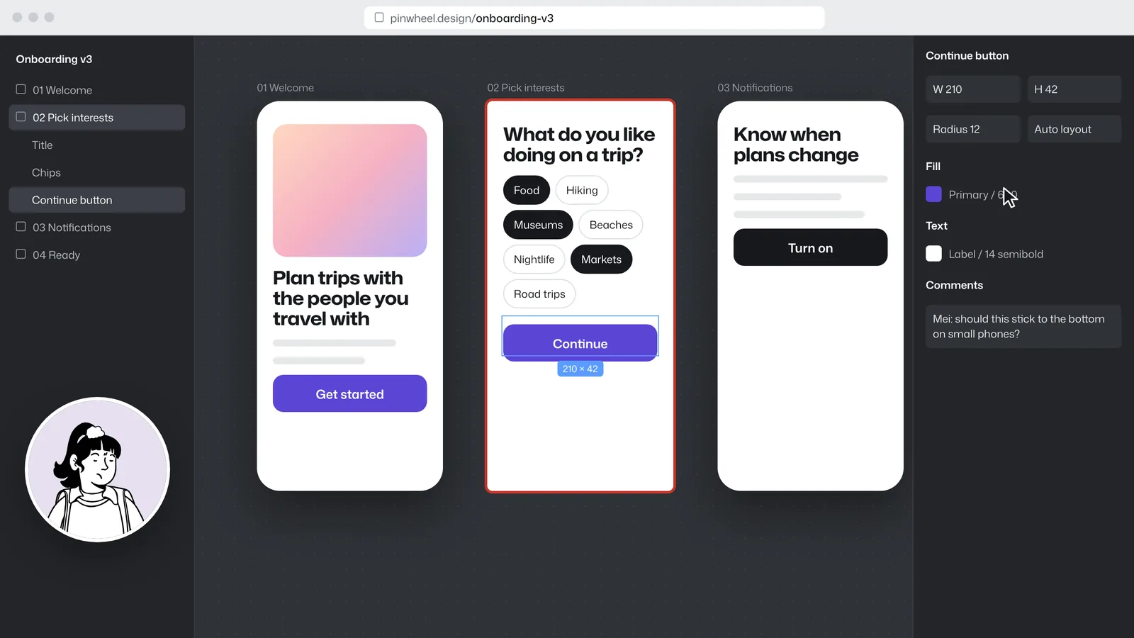 A design file with three onboarding screens and the designer explaining one of them